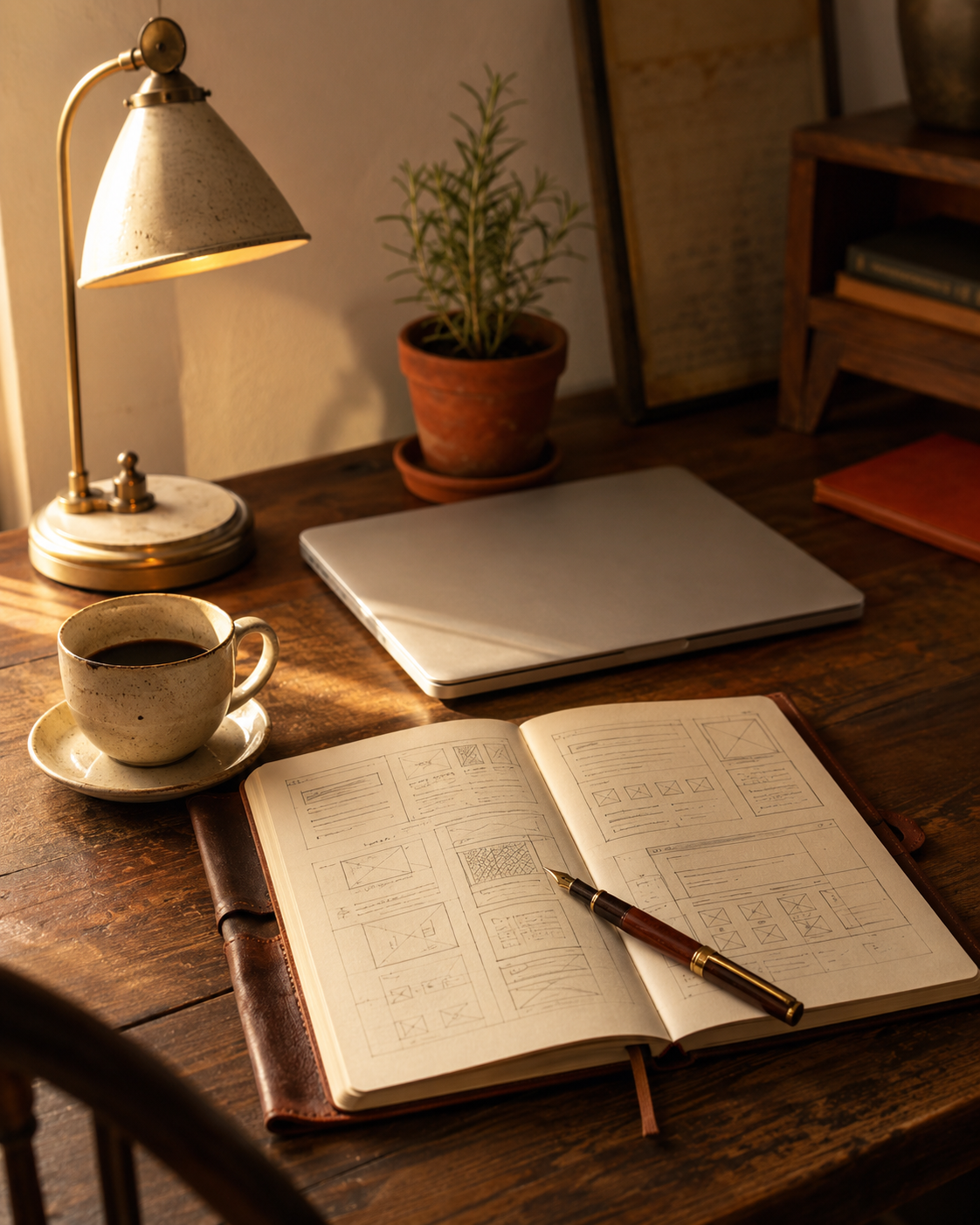 The studio, desk, notebook, and morning light in Aiken, S.C.