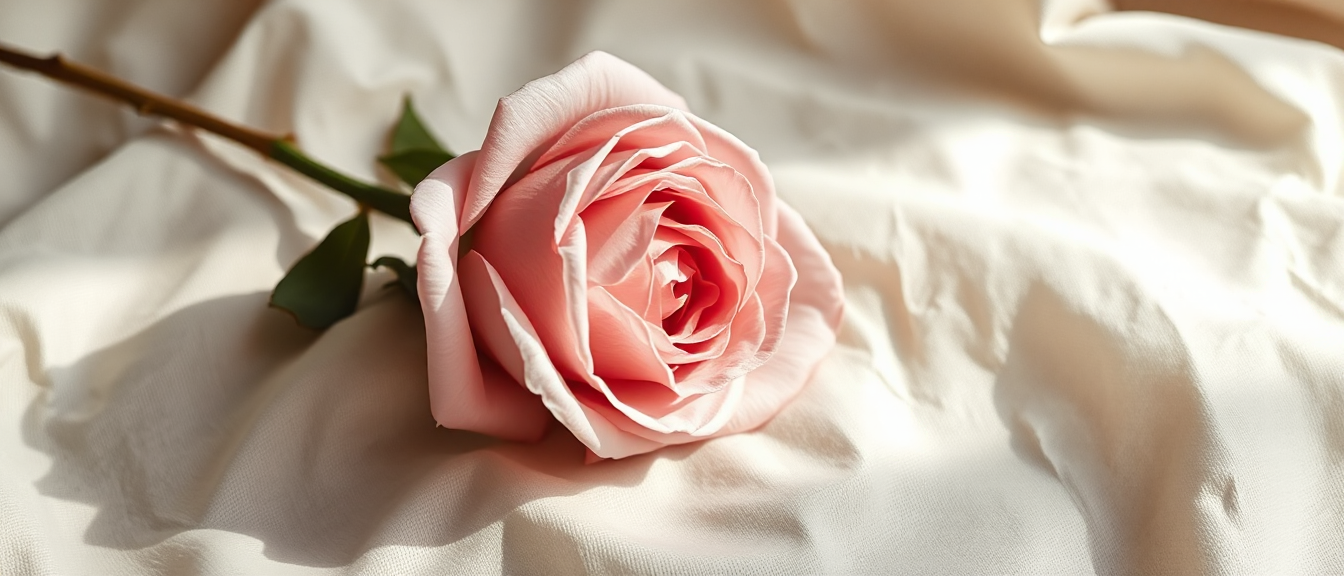 A single dusty pink garden rose resting on bone-cream linen