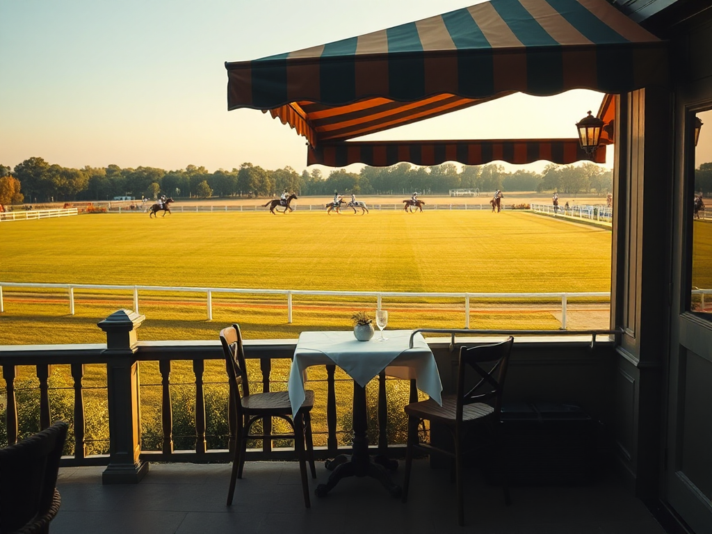 A small cafe terrace overlooking an empty polo field at golden hour, hunter green awning, white linen tables