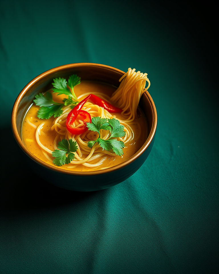A bowl of Thai green curry, photographed on emerald linen with antique gold accents