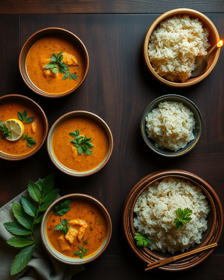 Overhead photograph of a Thai family dinner spread, multiple curry bowls, sticky rice, and herbs