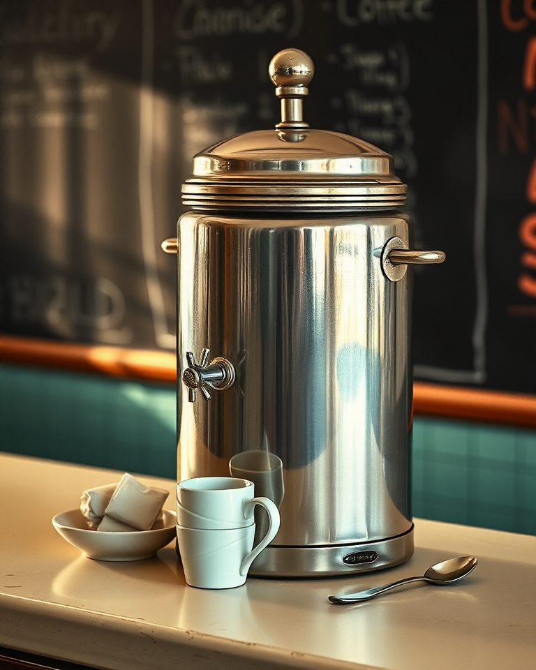 A worn stainless-steel coffee urn on a cream Formica counter, a short stack of chipped white ceramic mugs beside it, warm morning light