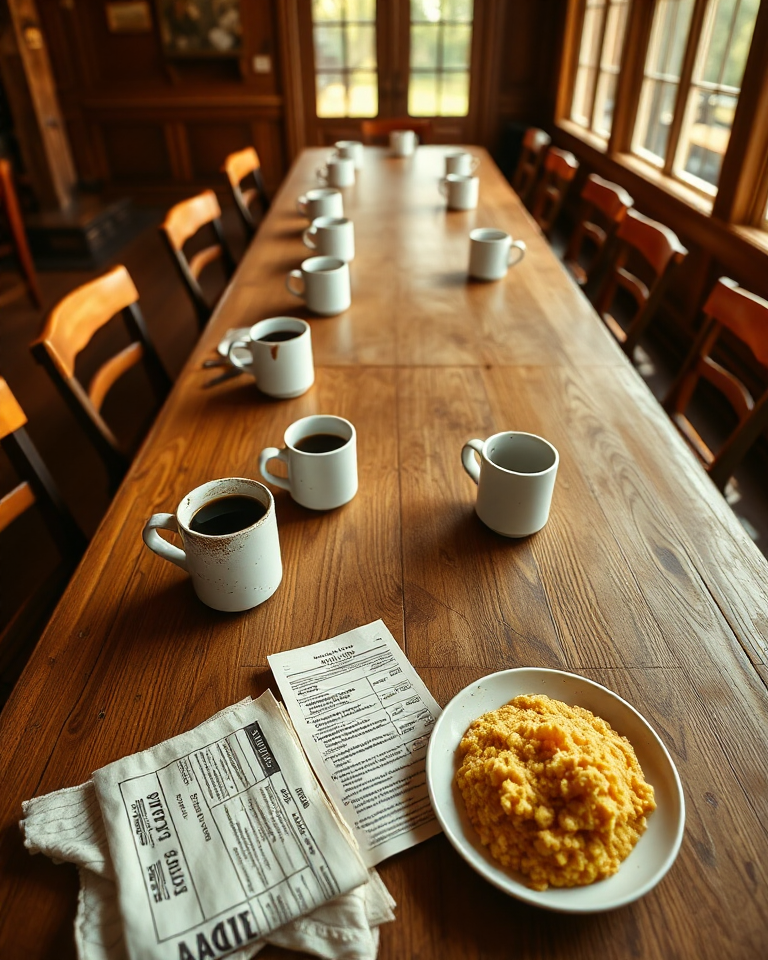 A long communal wooden breakfast table with chipped white mugs of coffee, a folded race program, plates of grits and eggs, warm dawn light angling in from a screen door at the far end