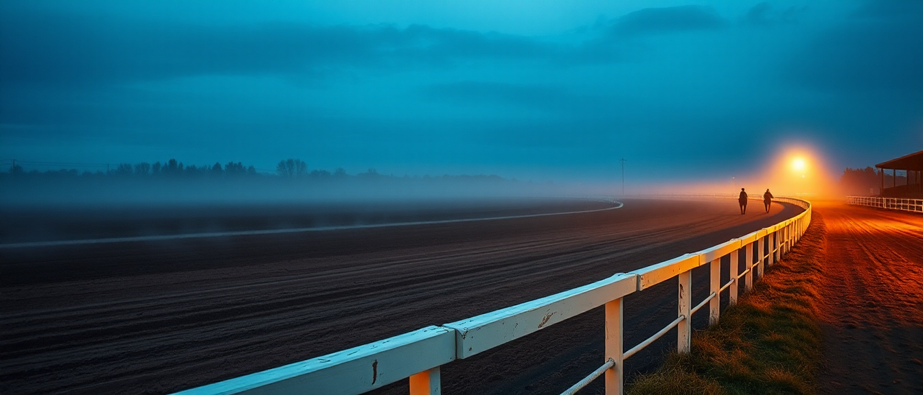 Pre-dawn light over a dirt thoroughbred training oval, mist on the inside rail, a single distant horse silhouette on the backstretch